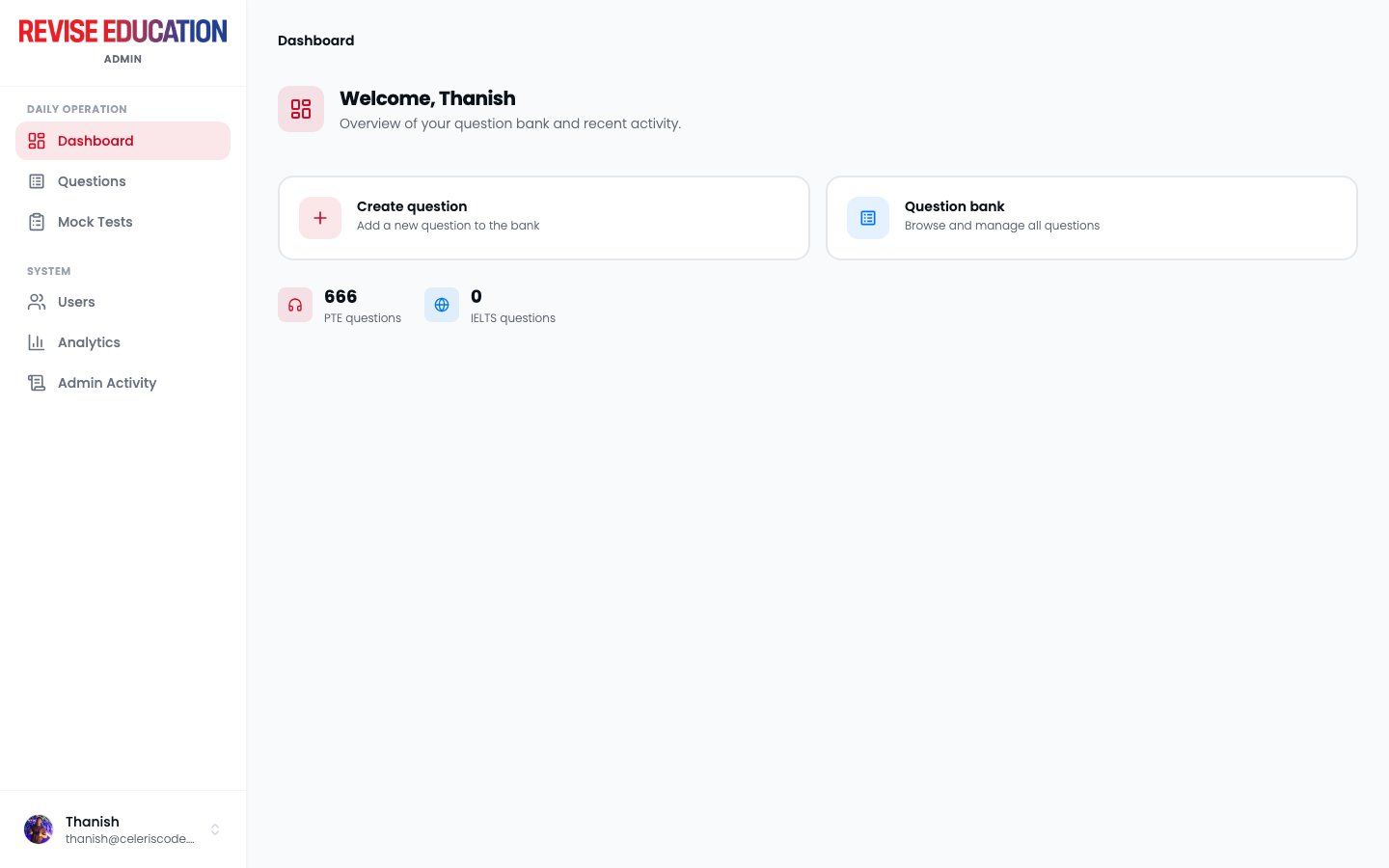 Revise Education admin dashboard
